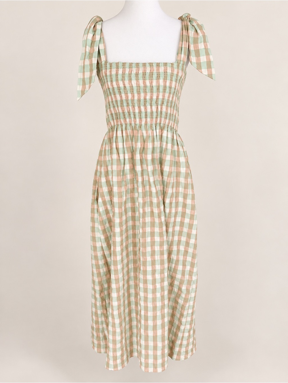 MANGO Vichy Check Gingham Midi Dress with Pockets Tie Straps US 4
